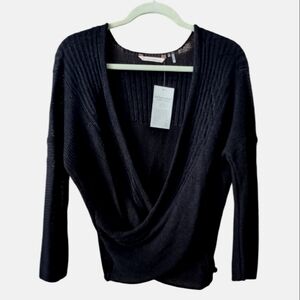 Soft Surroundings Linen Blend Faux Wrap Open Knit Sweater Size Medium Black
